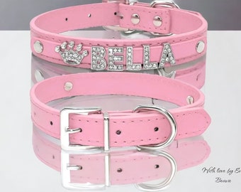 PERSONALISED DOG COLLAR Rhinestone crystal name and gem of your choice beautiful pink or black Matt faux leather Christmas birthday gift