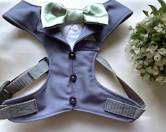 DOG HARNESS SUIT tuxedo wedding waistcoat gift special occasion birthday custom made in your colours and tie or bow tie ring bearer clip