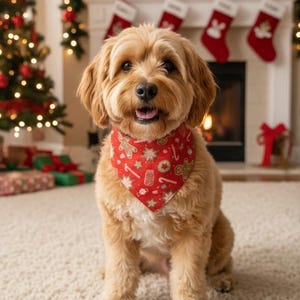 Puede incluir: Un perro marrón claro con un pañuelo rojo navideño con diseños de hombrecitos de jengibre y motivos festivos. El perro está sentado sobre una alfombra crema frente a una chimenea decorada y un árbol de Navidad.