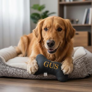 May include: A golden retriever dog is lying on a dog bed, holding a dark gray bone-shaped toy. The toy has the name "GUS" embroidered in gold. The dog bed has a patterned design.