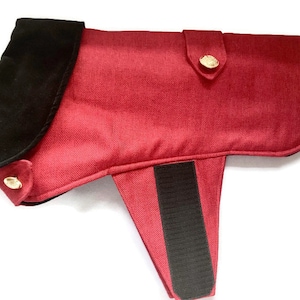 Quality dog coat red herringbone and black velvet collar padded buckle neck velcro girth small medium