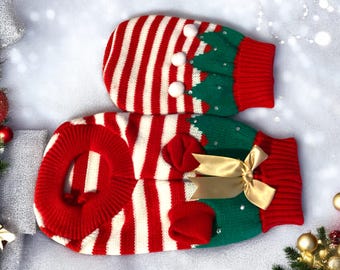 CHRISTMAS ELF SWEATER small pet dog cat warm jumper red white stripe green with rhinestones pom-poms gold bow knitted Xxs to xl