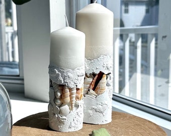 Sea shells Ocean Concrete candle, beach house decor, Luxury candles gift for woman. Housewarming gift. Beach wedding decor