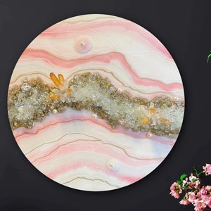 Pink geode wall art, crystal wall art, agate wall art. Round artwork, abstract art.  Mother day gift