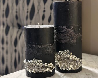 Large scented Black candles concrete geode, unique candle goth candle set of 2 for modern home decor. Luxury candles