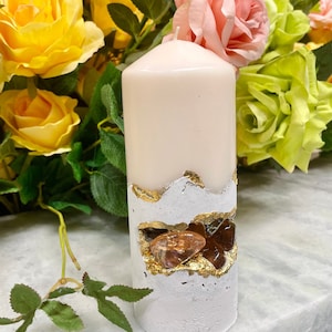 Geode crystal candle. White Concrete candle, 14k gold luxury candle, wedding candle. Decorative candle