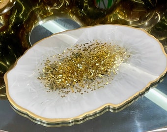 Gold white vanity tray, resin perfume tray, jewelry tray. decorative tray, white jewelry tray.  Mother day gift
