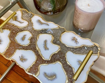 Gold Agate slice Vanity tray with handles, rectangular serving tray. Perfume tray, geode resin decorative tray.