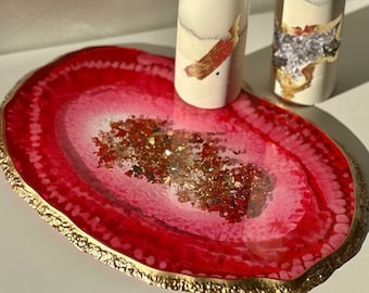 Pink resin tray, vanity tray, perfume tray or candle tray for Mother day gift. Luxury decorative tray. Hot pink home decor