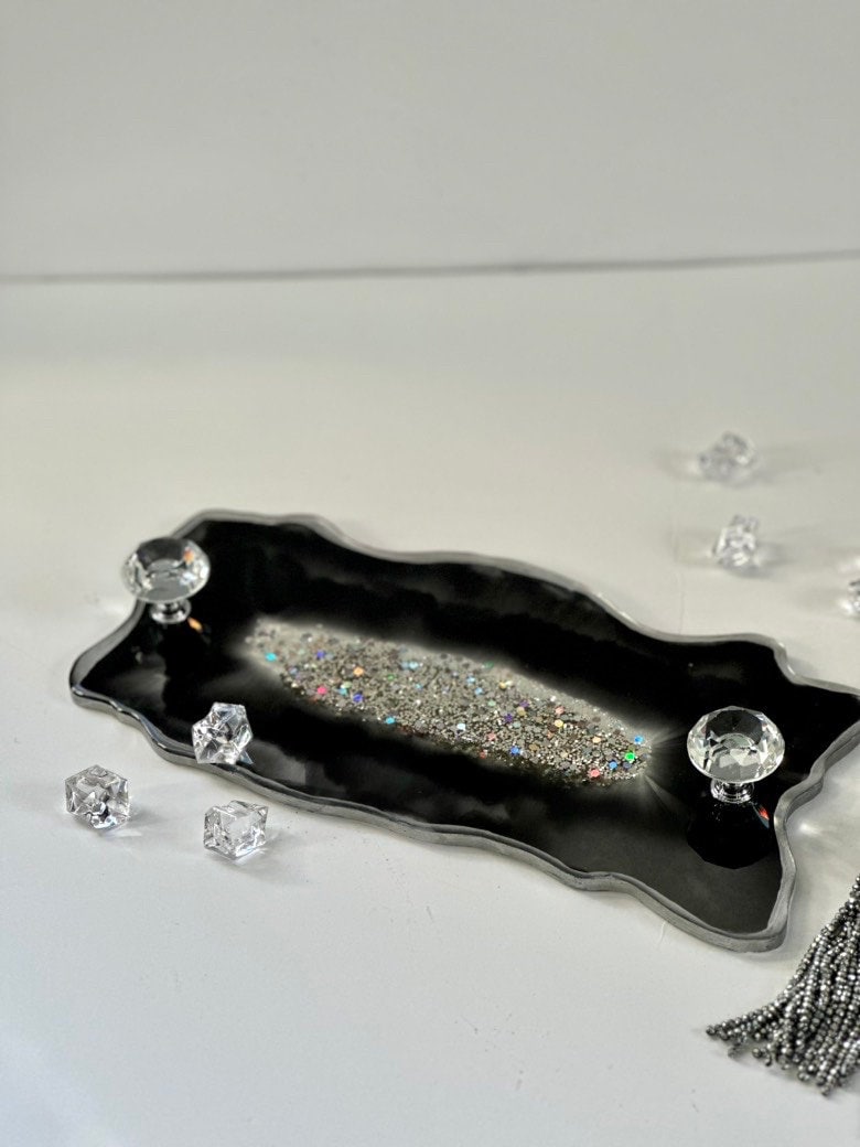Black Vanity Tray Silver Perfume Tray Geode Decorative Tray Etsy