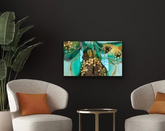 Emerald green geode wall art diptych.  3d resin art, green abstract art, emerald green decor. 2 piece resin artwork