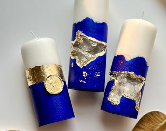 Royal blue candle is geode crystal candle,  Concrete decorative candle. Modern gift for the home. Luxury candle