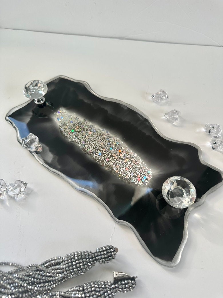 Black Vanity Tray Silver Perfume Tray Geode Decorative Tray Etsy
