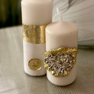 Luxury Geode crystal candle set of 2 White gold concrete candle with 14k gold. Unique candle gift.  Mother day gift