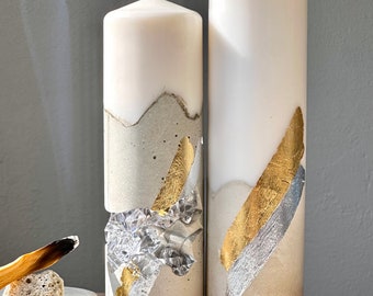 Neutral tone candles with gold and silver touch.Crystals pillar concrete candle unscented soy wax. Nude colors decor,luxury candles.