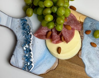 Blue and silver Charcuterie wood cheese board with handle. Cutting board, mother day gift, breakfast board. Resin cutting board.