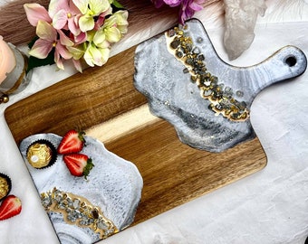 Marble and gold look cheese board with handle. Serving tray, Charcuterie wood board, Mother day gift or  breakfast board.
