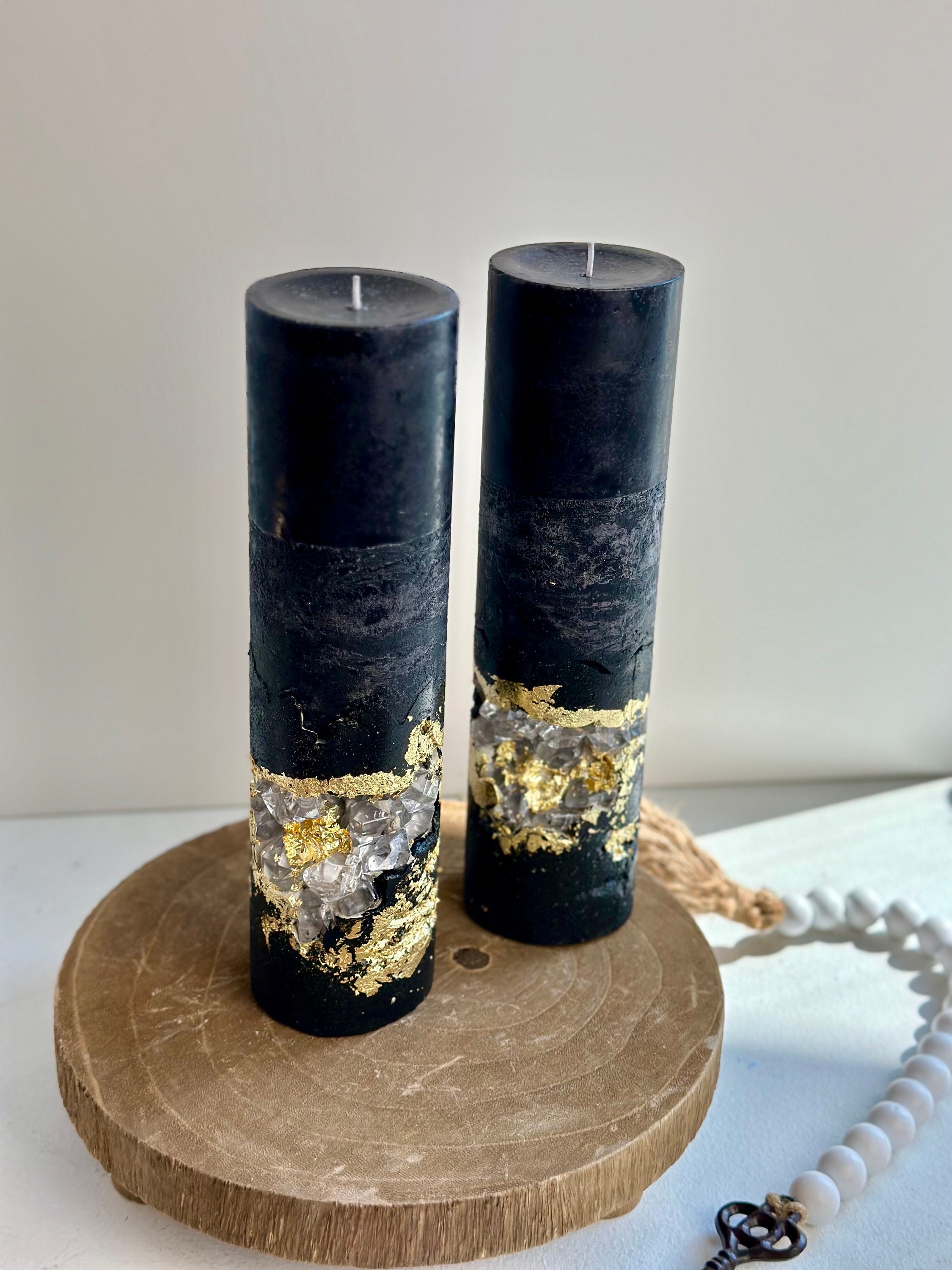 Black scented candle is geode crystal candle,  Concrete decorative candle. Modern gift for the home. Black and gold home decor. Gotic style.