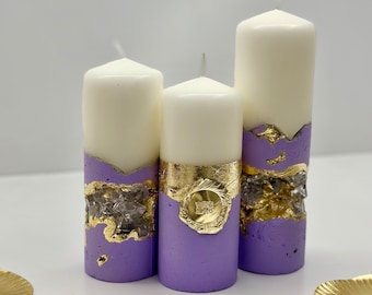 Violet candle is geode crystal candle,  Concrete decorative candle. Modern gift for the home. Luxury candle decor