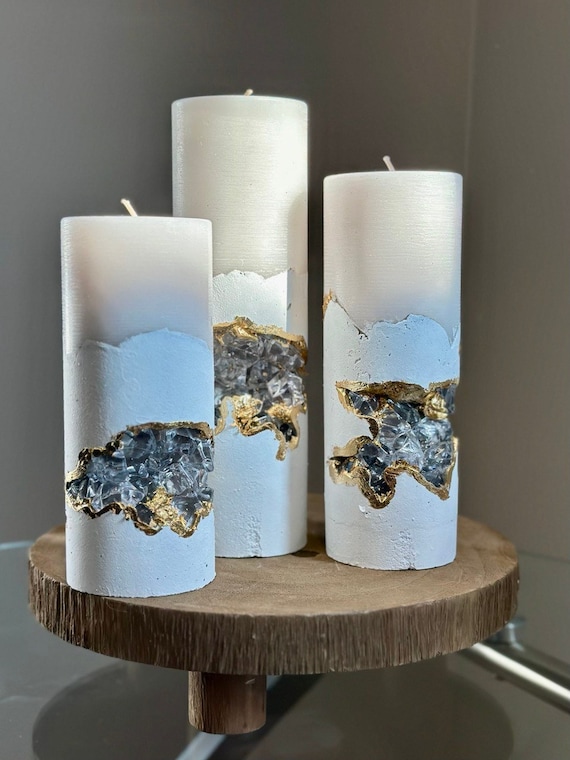 Luxury candles with Scandinavian wood scented candle , crystal concrete candle, modern candle. Scented pillar candles.