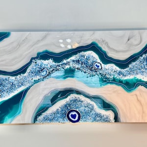 Large blue and green geode wall art, white marble abstract resin living room  painting. 40x30 inch wall art work. Living room Art wall decor