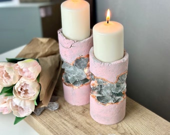 Nude pink glass crystal pillar candle holder,blush pink candle stand with vintage look.Concrete  candles stand for Easter or Rustic Wedding