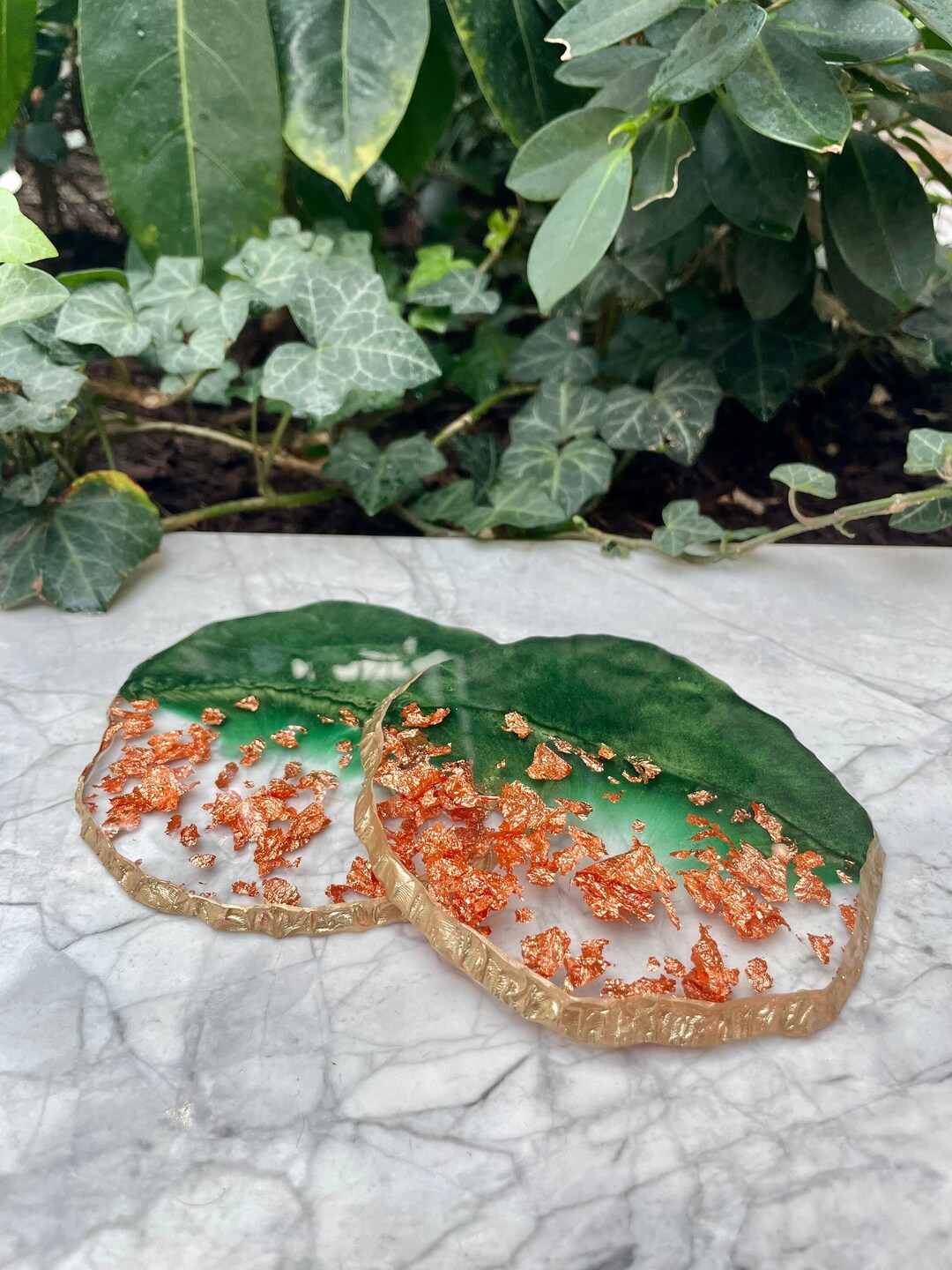 Green Resin Coasters With Copper Flakes Resin Coasters Ser of 2