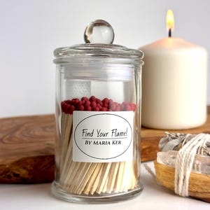 Glass Jar Candle Matches, Custom Glass Matches for Gifts. Decorative Match Jar. Unique Glass Matches. Find your Flame Matches.