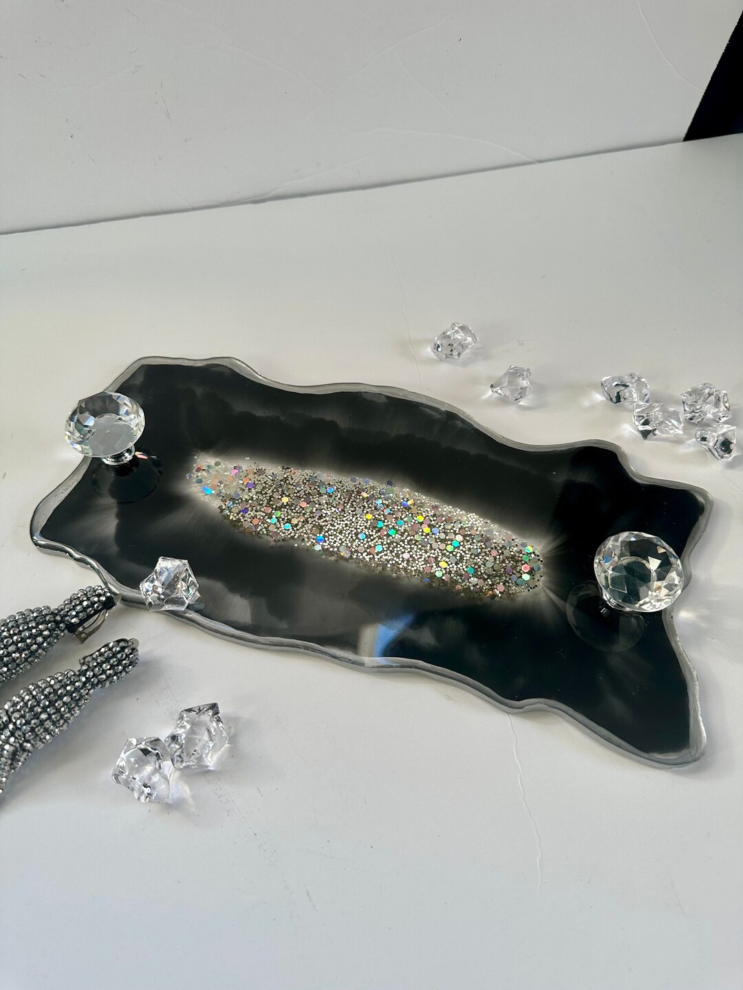 Black Vanity Tray Silver Perfume Tray Geode Decorative Tray Etsy