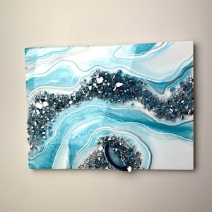 Blue geode wall art, abstract resin living room  painting.