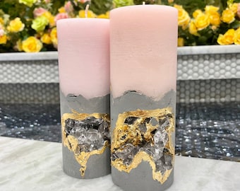 Dusty pink concrete candle crystal geode , jasmine candle, luxury candles, soy wax candles for modern home decor.