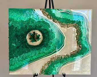 Green crystal geode wall art. Emerald Epoxy resin art Quartz crystal. Unique resin artwork green wall decor