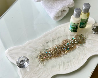 White and silver serving tray,perfume tray, jewelry tray, vanity tray.Geode decorative tray.  Mother day gift.Valentine gift.All catch tray