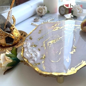 Handcrafted Marble Texture Resin Tray in Soft Pink and Gold. Gift for her.Vanity Tray. Decorative Tray,Jewelry Tray with legs.Christmas Gift