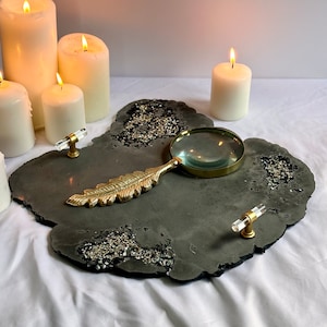 Black decorative slab tray.Live edge Irregular Concrete Tray with crush glass crystals. Home accent decor.