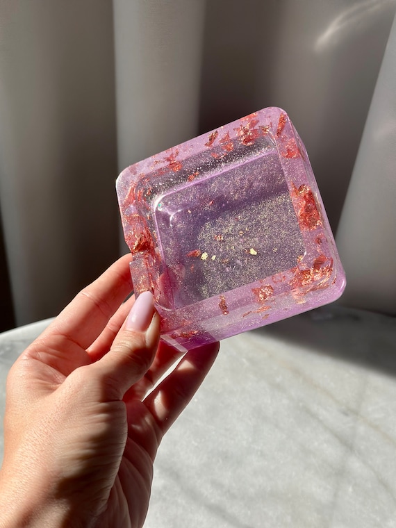 Resin Pink Ashtray With Foil Flakes. Epoxy Resin Cute Ash Tray