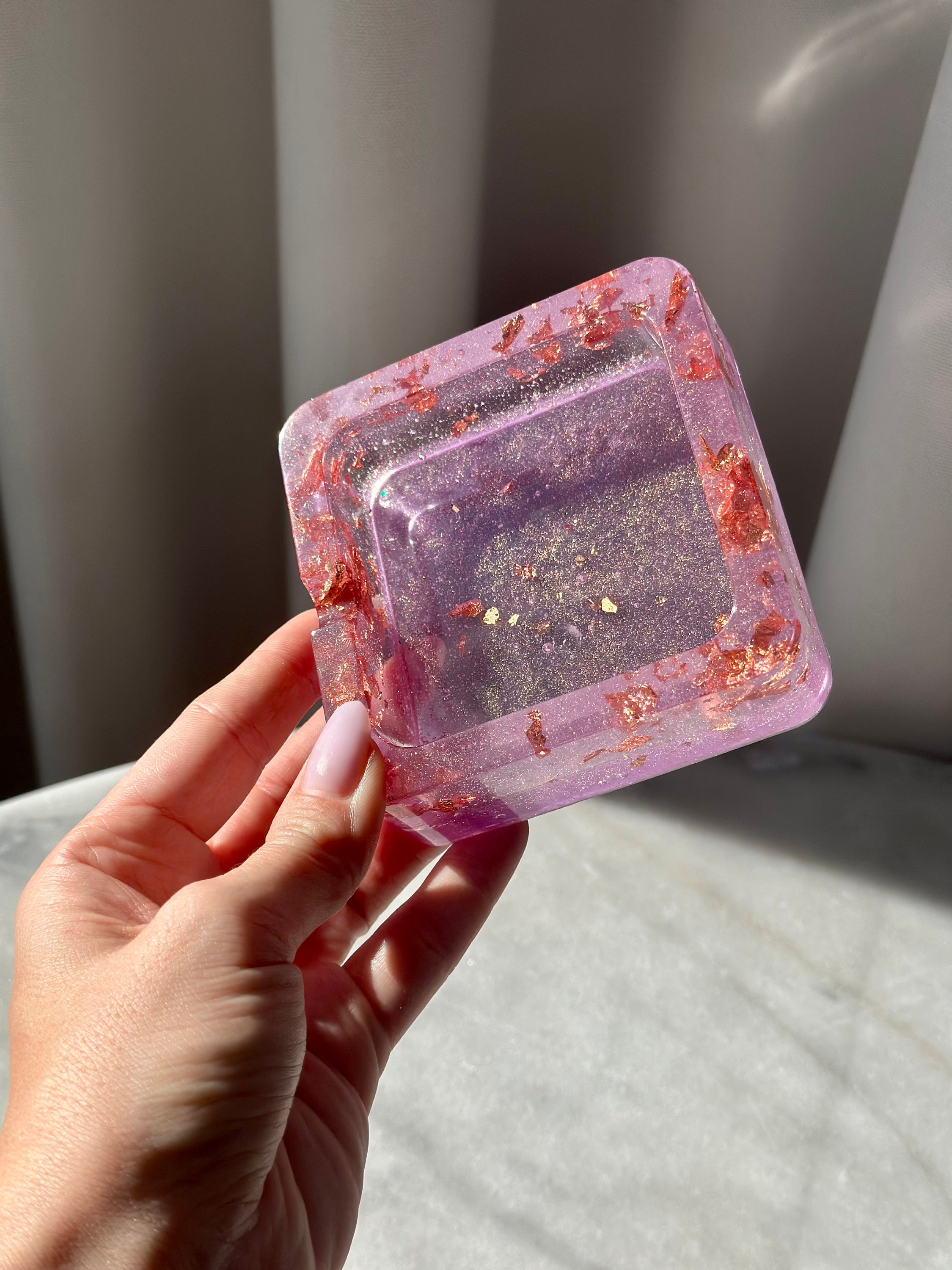 Resin Pink Ashtray With Foil Flakes. Epoxy Resin Cute Ash Tray