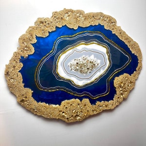 Navy Blue gold resin wall art, abstract geode painting. Luxury contemporary artwork. crystal Living room art.