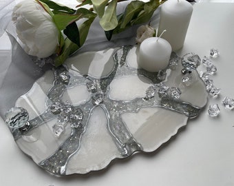 Silver and white perfume tray, resin vanity tray, decorative candle tray, makeup tray, serving tray, great  Mother day gift idea.Table decor