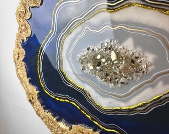 Navy Blue gold resin wall art, abstract geode painting. Luxury contemporary artwork. crystal Living room art.