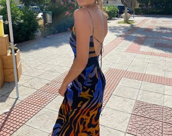 JC-Dress Sleeveless Dress Orange Scar Party Beach Open Fork Long Dress JC-Dress Sleeveless Dress Orange Scar Party Beach Open Fork Long Dress