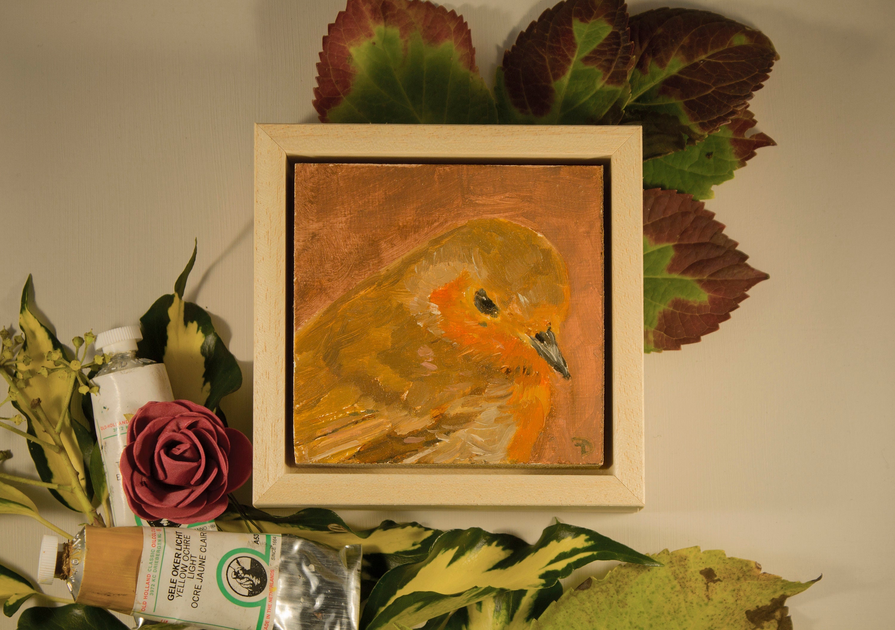 bird wall decor Robin original oil painting including floater frame ...