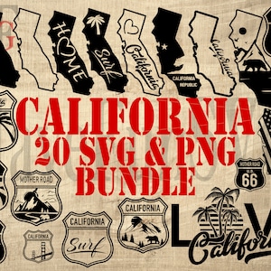 Californie État vecteur SVG PNG téléchargement numérique fichiers Bundle Cricut Laser Logo Style Clipart coupe découpe contour Hollywood côte ouest