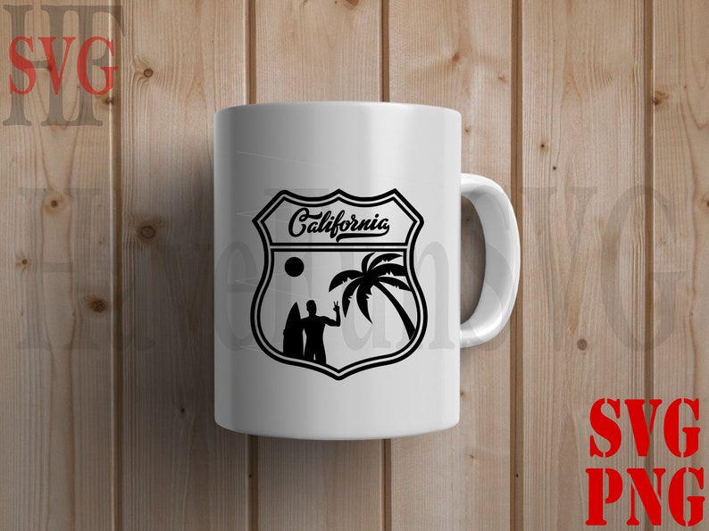 May include: White ceramic mug with a black and white graphic of a California road sign with palm trees and a surfer. The sign says "California".