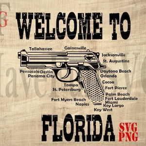 Shirt Design Geschenk Florida Pistole Pistolen Karte Karten SVG PNG Digital Download Datei Dateien Cricut Becher Hersteller Clipart Vektor Form Gunshine Zustand schneiden