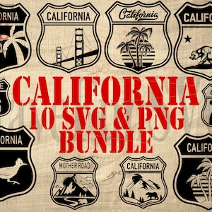 May include: A digital download bundle of 10 California-themed SVG and PNG files. The images feature various designs, including palm trees, the Golden Gate Bridge, a road sign, a bear, and a roadrunner. The text "CALIFORNIA 10 SVG & PNG BUNDLE" is displayed in red.
