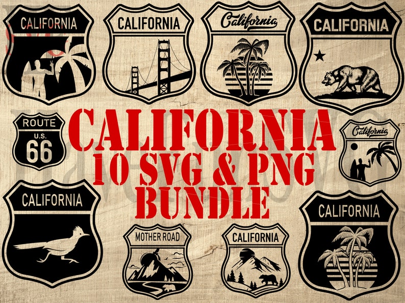 May include: A digital download bundle of 10 California-themed SVG and PNG files. The images feature various designs, including palm trees, the Golden Gate Bridge, a road sign, a bear, and a roadrunner. The text "CALIFORNIA 10 SVG & PNG BUNDLE" is displayed in red.