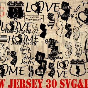 May include: A collection of 30 black and white SVG and PNG digital files featuring various designs related to New Jersey. The designs include the state outline, hearts, the words "Love", "Home", and "Born in New Jersey", and the phrase "Made in New Jersey".