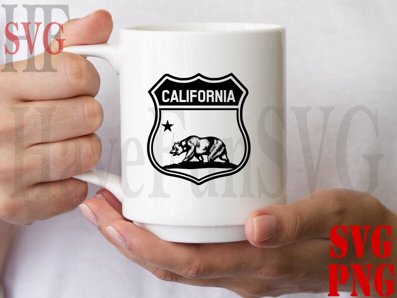 May include: White ceramic mug with a black and white graphic of a California state shield with a bear and the text "CALIFORNIA".