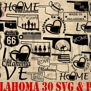May include: A collection of 30 black and white SVG and PNG digital cut files featuring various designs related to Oklahoma. The designs include the state outline, the words "Oklahoma", "Home", "Love", "Welcome", "Route 66", and "Made in Oklahoma".
